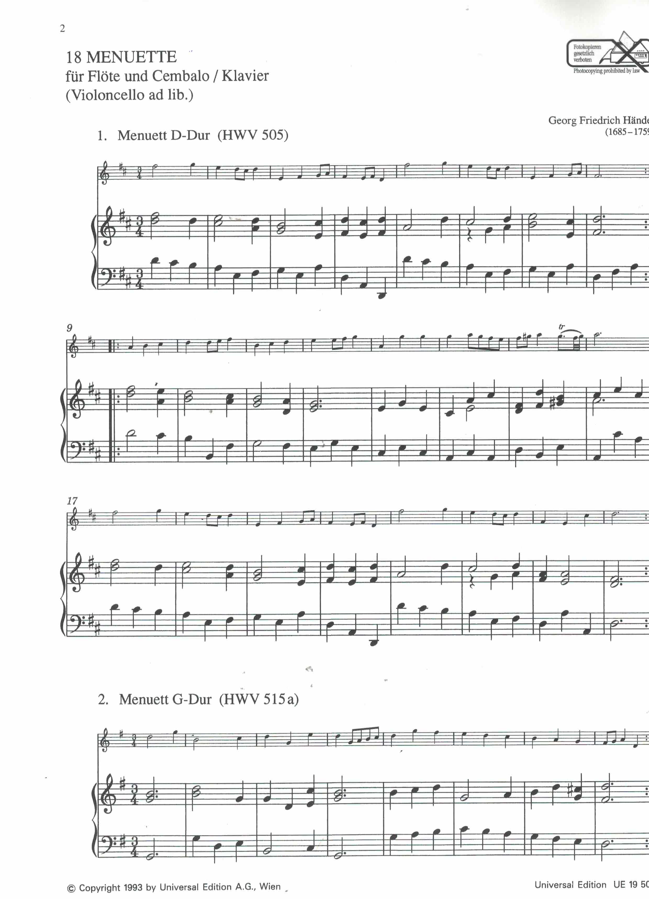 18 Menuette - Händel, Querflöte/Klavier